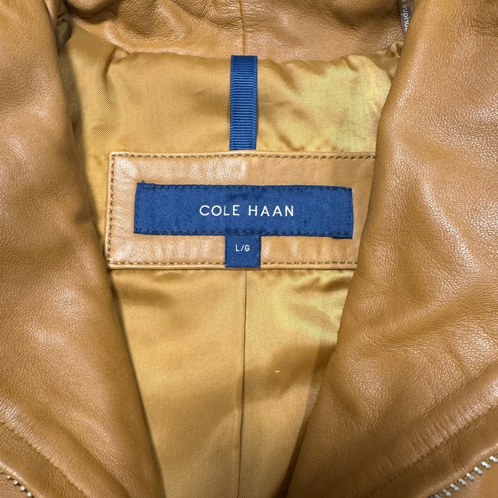 Cole Haan Brown Lambskin Leather Jacket Wing Collar Zip Front Size L - Picture 13 of 15